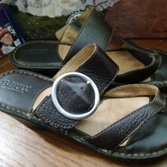 Born Emmy Black Leather Platform Wedge 👡Open Toe Sandals Womens Sz US 9. - Picture 4 of 12